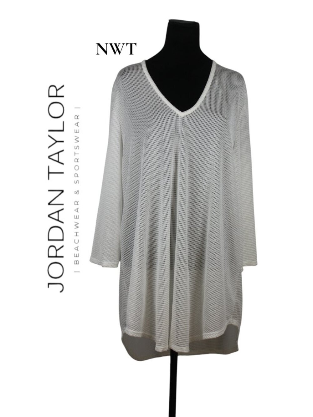 NWT Jordan Taylor White Mesh V-Neck, Long Sleeve Swim Cover-Up Size XL